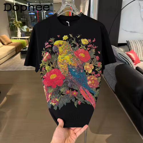2026 New Men's Parrot  Rhinestone Tees