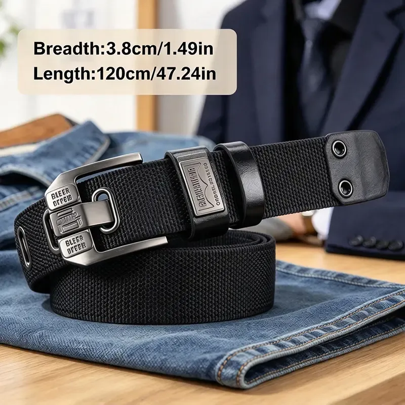 Buckle-Free Men's Belt, Holeless Strap, Large Square Alloy Buckle with Brass Accents, Cotton-PU Leather Strap, Durable Flexible Slip-On, Versatile Fashion Belt, Trendy Holiday Present