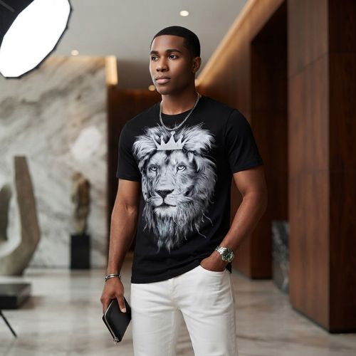 Summer Men Shiny Rhinestone Crown Lion Print Round Neck Black Breathable Slim Fit