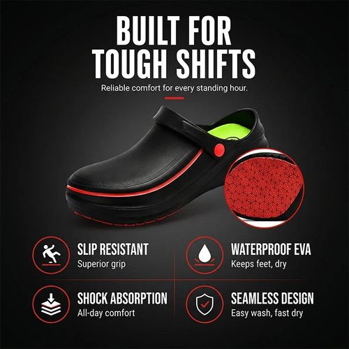 Waterproof and oil-resistant safety shoes with cushioned soles.