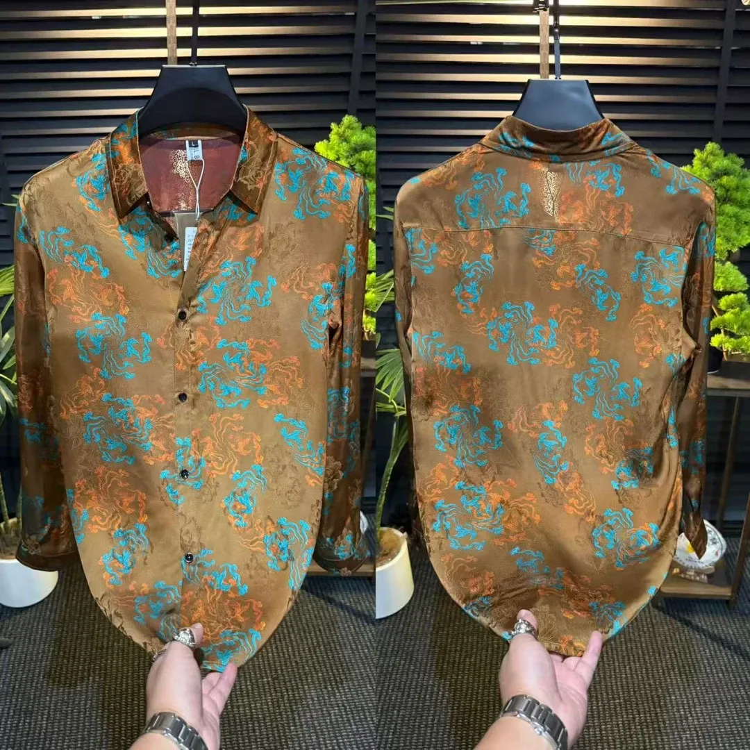 Brown long-sleeved shirt with blue-and-white printed pattern