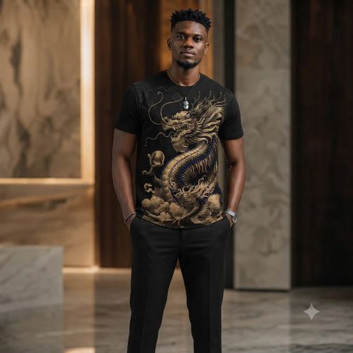 Men's Summer Short-Sleeve Tee with  Dragon Soaring Across the Seas  Print