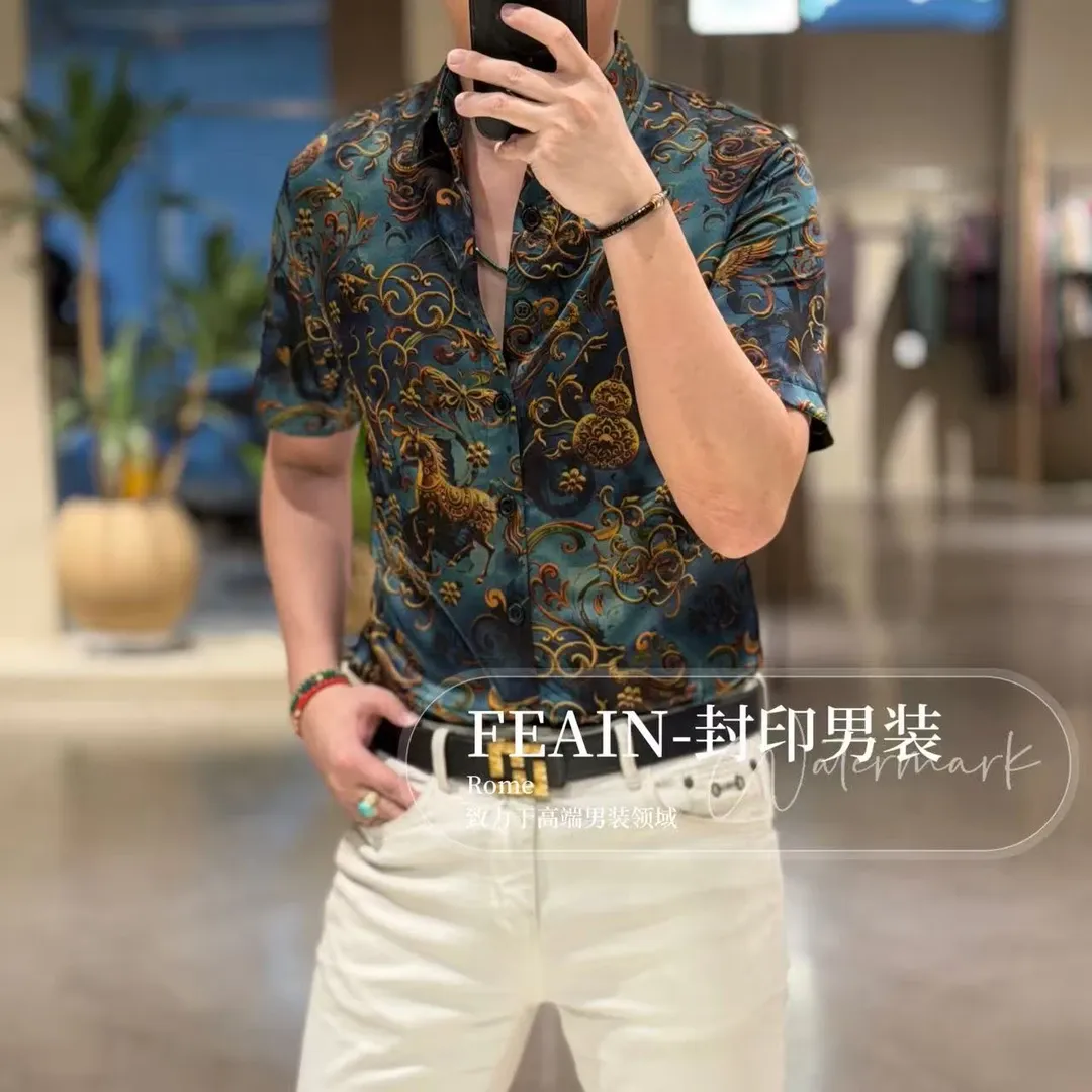 Blue velvet shirt featuring horse and gourd prints, crafted from ice silk.