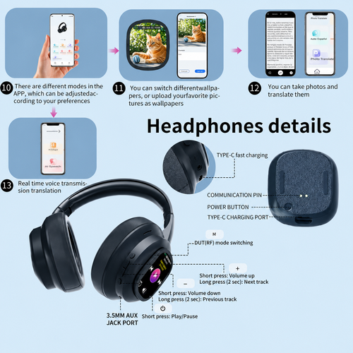 AI Wireless Bluetooth Hi-Fi Headphones with LCD Touchscreen and Deep Bass