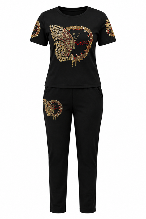 Black short-sleeved set with rhinestone embellishment