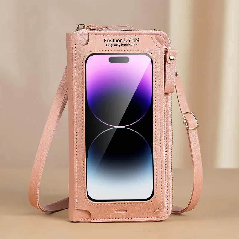 Anti Theft Multi Functional Transparent Touch Screen Crossbody Phone Bag Wallet Shoulder Cell Phone Pouch PU