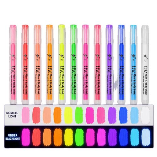 12 Colors Glow Face Paint Markers Black Light Reactive Non-Toxic UV Neon Face Paint Water-Based Easy Wash Off Washable Makeup