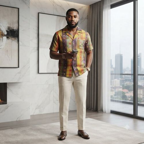 Men's Short-Sleeve Ramie Shirt with Collar