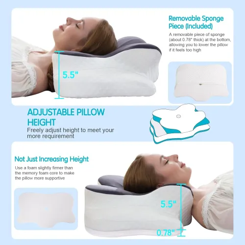 Adjustable Cervical Pillow, Contour Memory Foam Neck Pillow with Cooling Case for Side Back Stomach Sleepers, Ergonomic Support