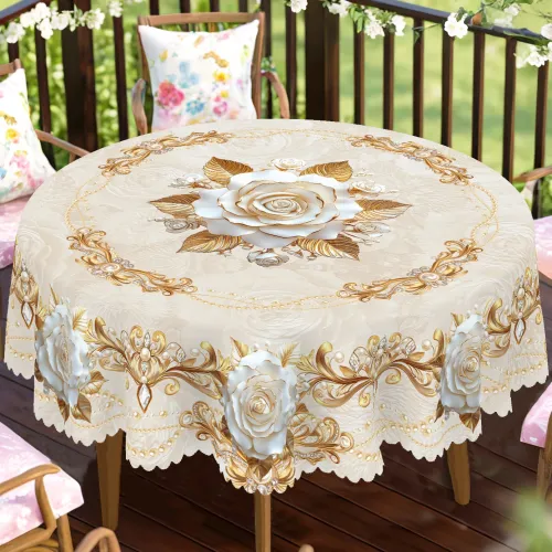 1 Piece Floral-Themed Gold Printed Tablecloth with Blooming Rose Pattern Design