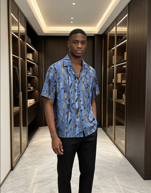 Elegant Blue Leaf Print Shirt