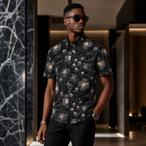 Grey shirt with floral print and all-over rhinestone embellishment