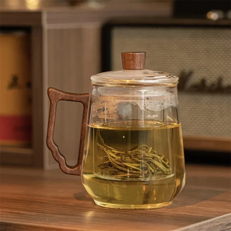 500ml Glass Tea Mug With Wood Handle Chinese Heat Resistant Puer Filter Cups Kung Fu Brewing Oolong Puer Tea Cup Set