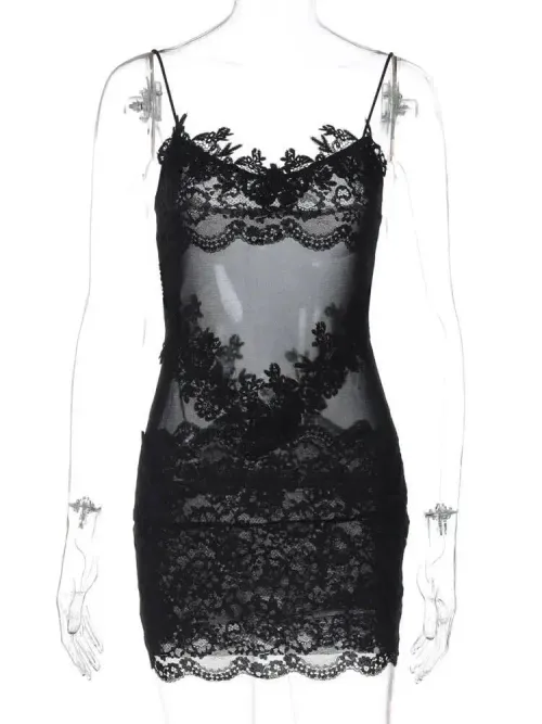 Lace Transparent Mini Dress Sexy Women Wrapping Spaghetti Embroidery