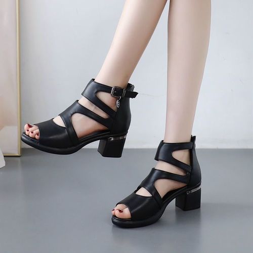 2026 new Soft leather cool boots style thick heel hollow high top sandals
