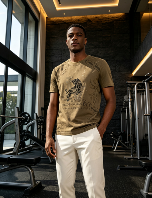 Men Fashion Tiger Print Crew Neck Short Sleeve T‑Shirt