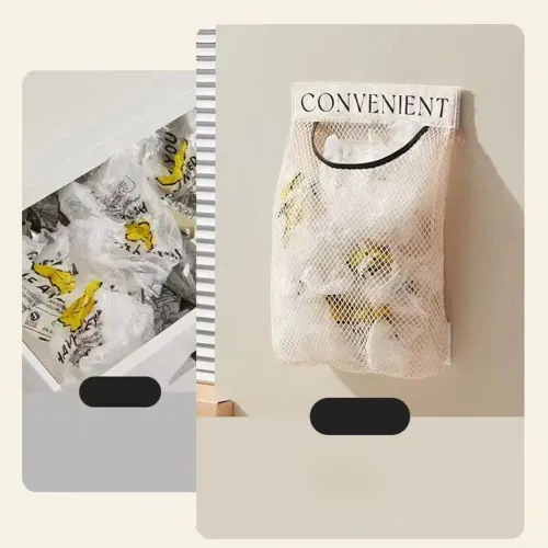 Hanging Mesh Storage Bag, Large-Capacity Wall-Mounted Organizer For Storing Kitchen Utensils, Groceries, Plastic Bags.