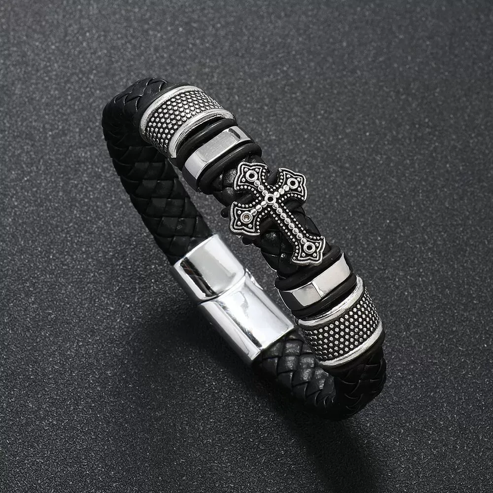 Men's Leather Bracelets And Peace Cross Magnetic Clasp Jewelry Bracelets Man Souvenir Gifts