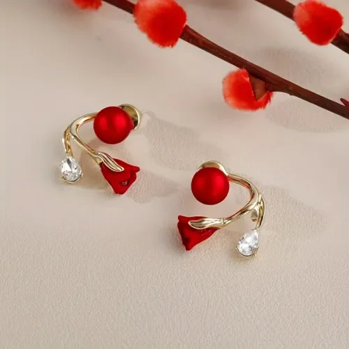 Korean Red Rose Stud Earring Fashion Imitation Pearl Flower Earrings for Woman Party Jewelry Christmas Gift New Arrivals