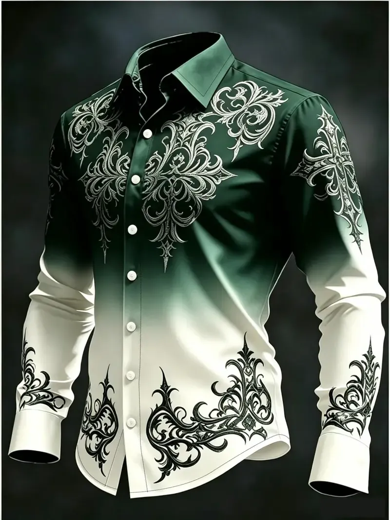 Men's Gradient Vintage Print Shirt, Vintage Graphic Shirt, Long-Sleeve, Wrinkle-Resistant, for Casual Wear, Parties, and Daily Styling, Great Gift, Menswear