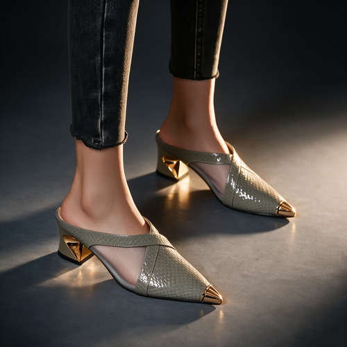 Anti collision metal pointed half slippers high heels