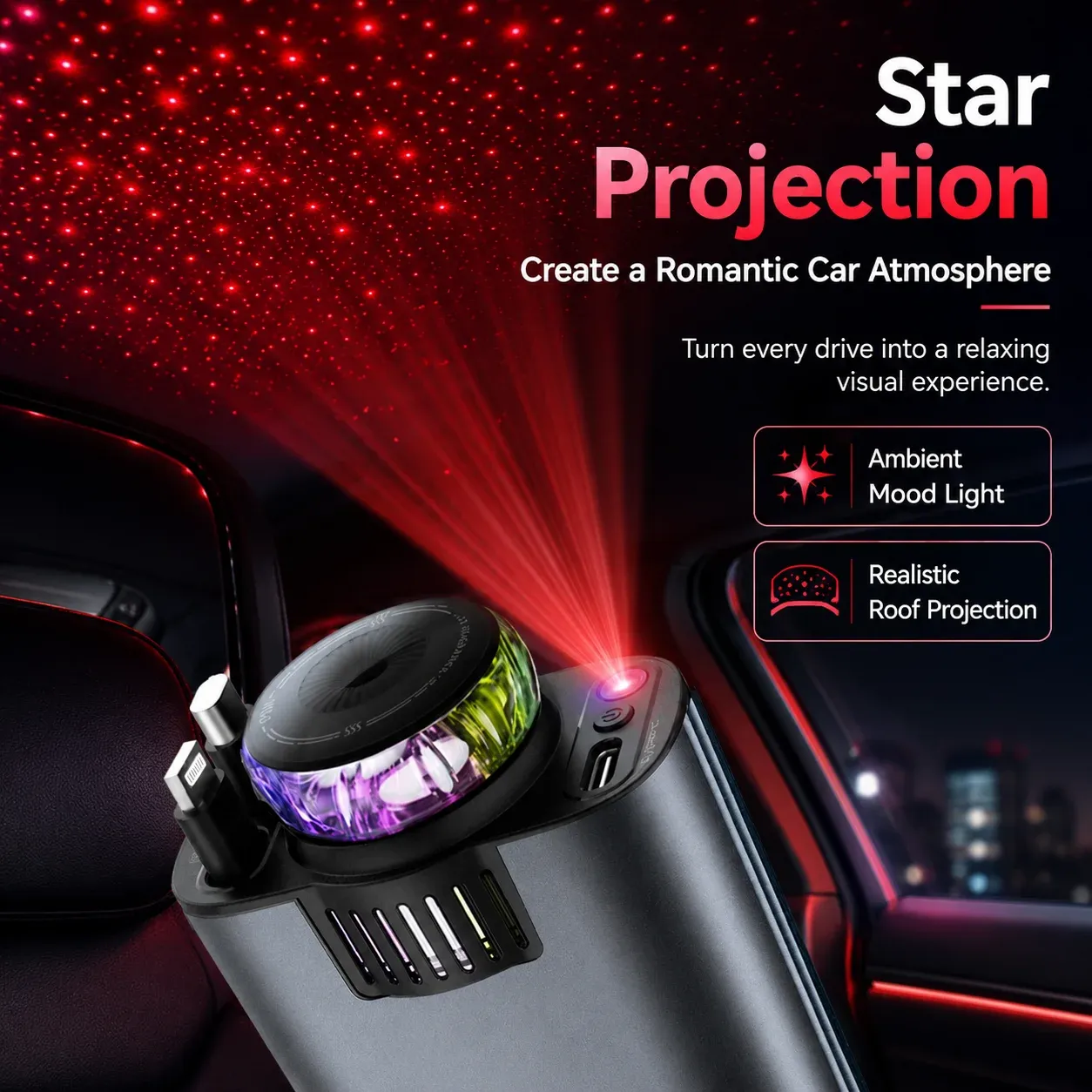 45W Retractable Car Charger with Starry Light Aromatherapy Diffuser Built-in Lightning USB-C Cable Type-C Fast Charging Adapter