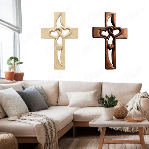 Handcarved Wood Cross with Intertwined Hearts Wall Hanging Carved Cross Hand Made Art Decor Grift for Wedding Valentine's Day
