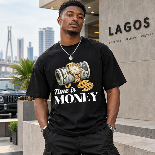 Men's Time is Money Graphic Print Tshirt, Hip Hop Streetwear Style Crew Neck Top, Soft Breathable Fabric for Casual Outfits, Cargo Pants, Joggers