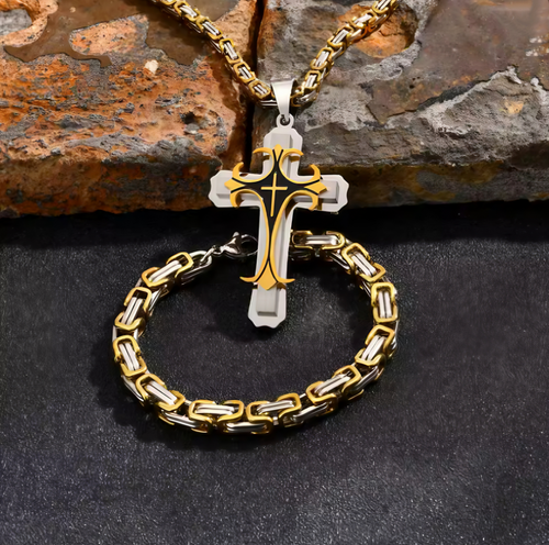 Men's Cross Pendant Necklace and Bracelet Set