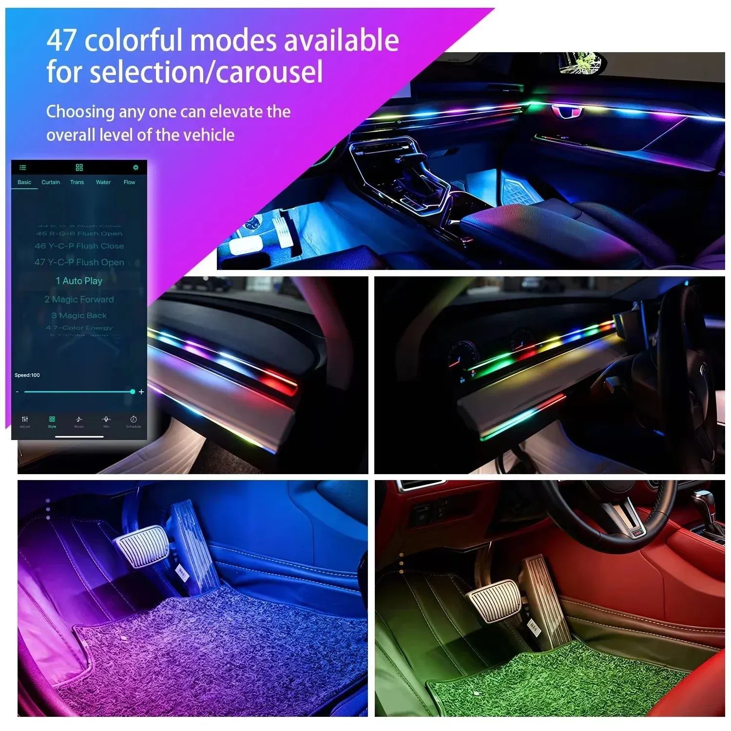 Car LED Acrylic Light Strip RGB Auto Interior Strip Lights Remote Phone APP Control Decorative Atmosphere Lamp with APP Remote