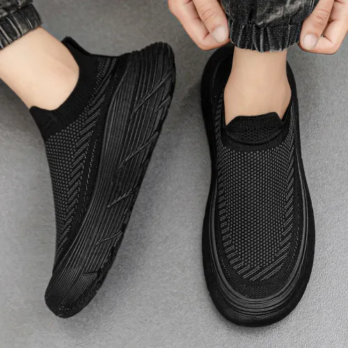 BLACK Ultra-Soft, Thick-Soled, Breathable Mesh & Flyknit Athletic Casual Shoes