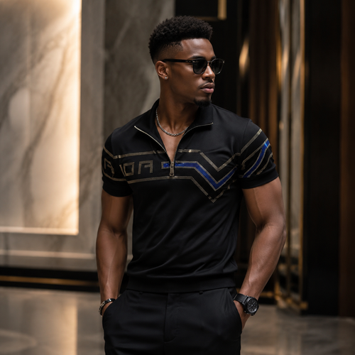Stylish Blue Gold Pattern Slim Fit Polo Shirt