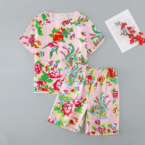 Bold Peony & Phoenix Print Summer Cool Suit, Lightweight Skin-Friendly Cotton Loungewear 2 Piece Short Set, Unisex Casual Outfit for Home & Outdoor