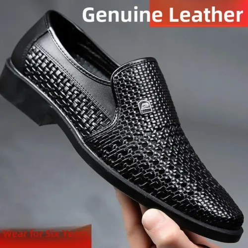 Men's Synthetic Leather Shoes Soft Sole Breathable Low Heeled Business Casual Shoes Hollow Out Dress Sandals Middle Aged