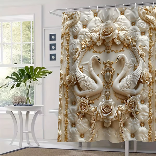 3D Swan Embossed Pearl Print Creative Waterproof Shower Curtain