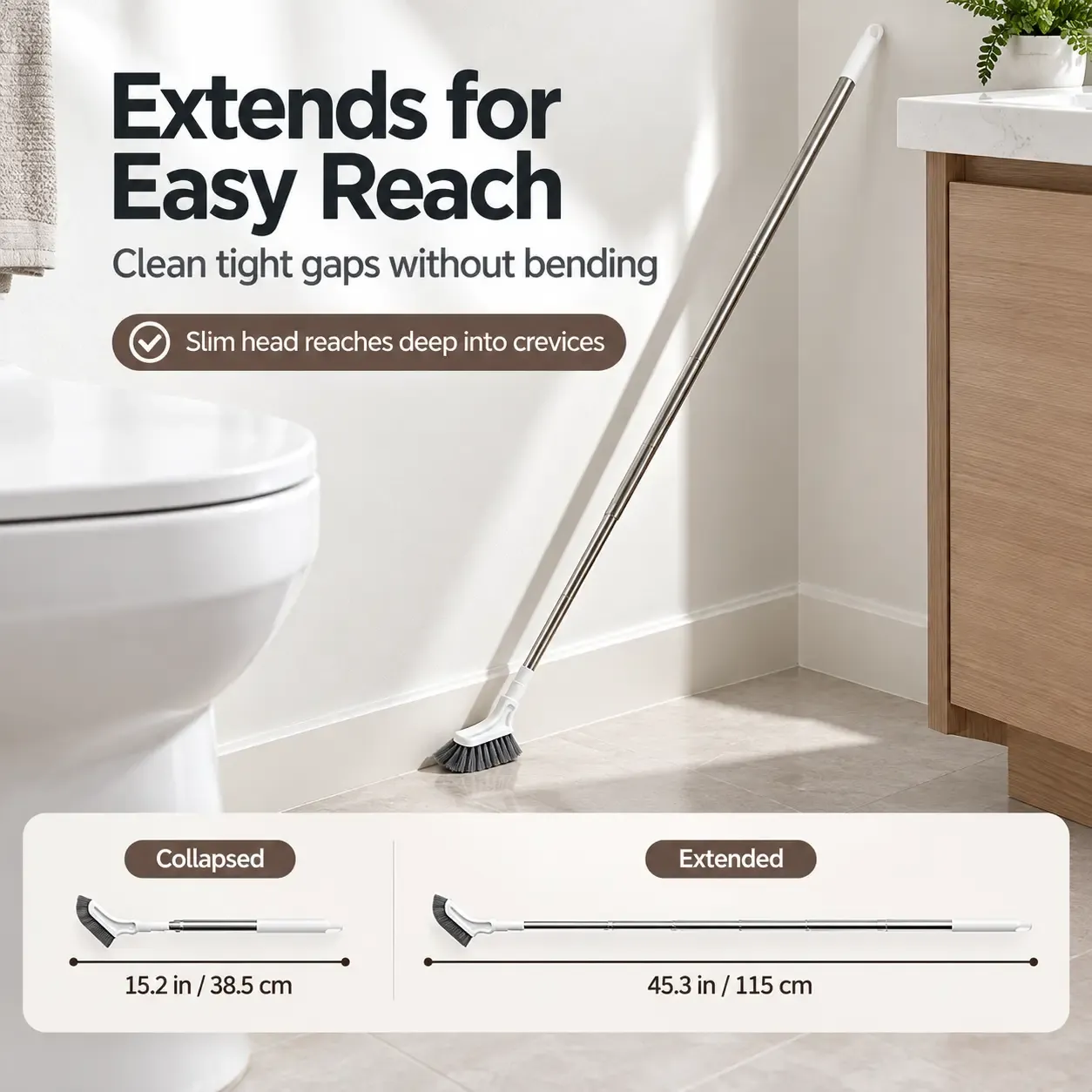 3PCS Adjustable Length Stainless Steel Telescopic Long Handle Crevice Cleaning Brush, Narrow Gap Cleaner for Bathroom, Hard-to-Reach Spaces