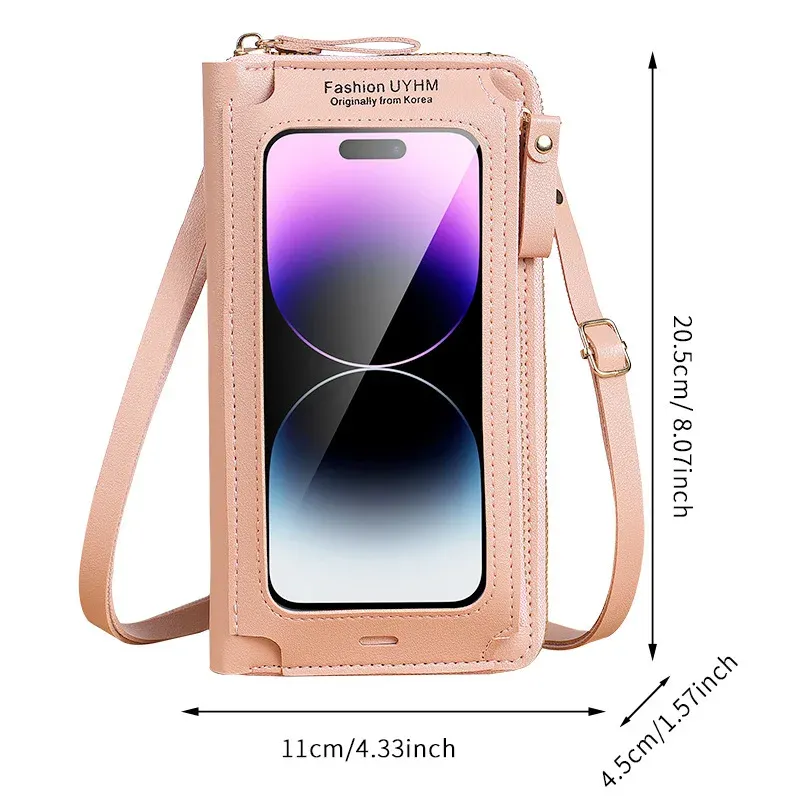 Anti Theft Multi Functional Transparent Touch Screen Crossbody Phone Bag Wallet Shoulder Cell Phone Pouch PU