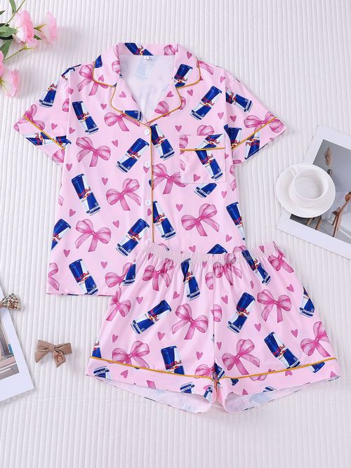Women's New Arrival Printed Short Sleeve Shorts Pajama Set Lapel Bow Tie Pattern Comfortable Loungewear for Home