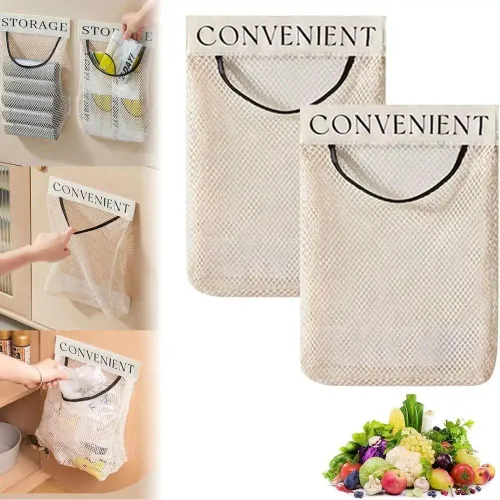 Hanging Mesh Storage Bag, Large-Capacity Wall-Mounted Organizer For Storing Kitchen Utensils, Groceries, Plastic Bags.