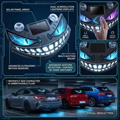 Solar Powered LED Car Ambient Light, Dynamic Facial Expression Warning Light For Car