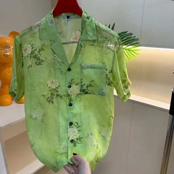 Green printed ramie Cuban-collar shirt