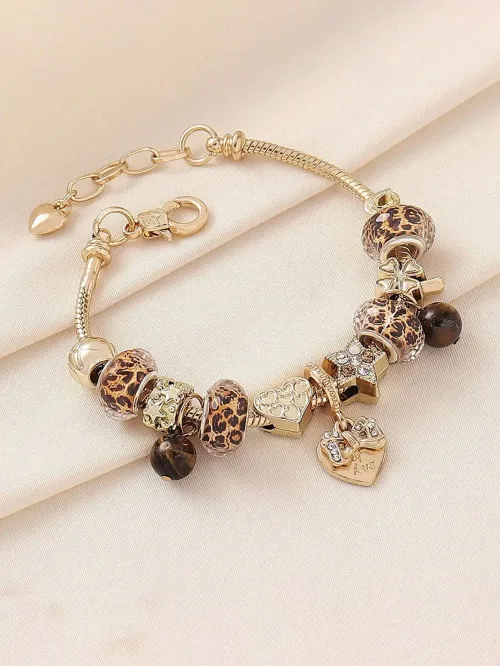 Stylish Leopard Print Butterfly Heart Bracelet Shiny CZ Star Charm Bracelet Women Trendy Daily Party Jewelry