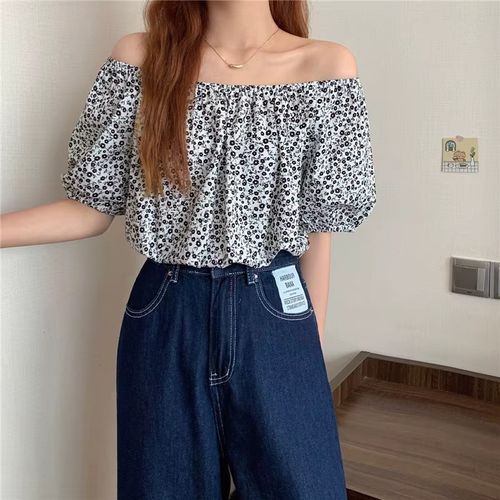Floral Print One-Shoulder Short-Sleeve Women's Shirt Sexy Clavicle Exposure Design Sensual Summer New Style Bangkok Style