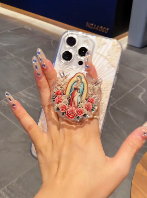 Divine Grip: Religious Theme Phone Grip & Stand with Cross & Madonna Designs