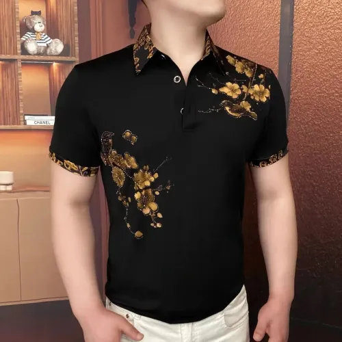 Luxury Flower Embroidered Rhinestone Lapel T-shirt Men Summer Short Sleeve Casual Business POLO Shirts Social Banquet Tshirts