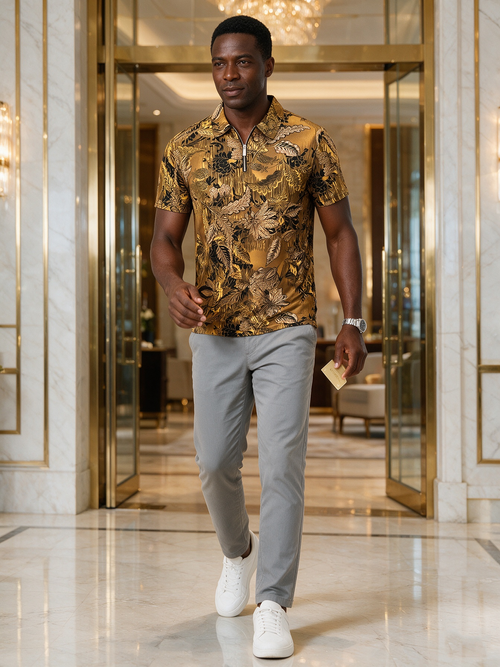 Trendy printed collar short sleeved T-shirt