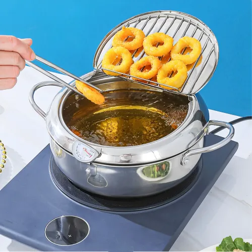 2.2L Deep Fryer Pot with Strainer Basket and Thermometer Stainless Steel Frying Pan for Frying