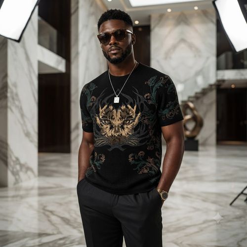 Men's Black Ice Silk T-Shirt with Tiger Head Print