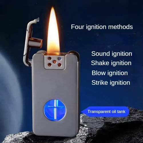 Creative Intelligent Voice-controlled Ignition LED Windproof Kerosen Lighter Blue Light Transparent Fuel Tank Large Capacity