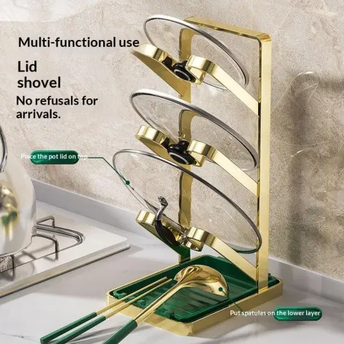 Tier Pot Lid Holder With Detachable Drain Tray For Kitchen Storing Lids Spatulas Cooking Utensils